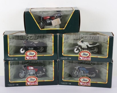 Five Polistil Motorcycles Boxed,1:15 scale including: Norton Commando 750cc,Honda Gold wing (loose in box) BMW R75, BMW K100 in white and BMW K100 in black, models are in near mint to mint condition. Boxes have wear. (5 items).