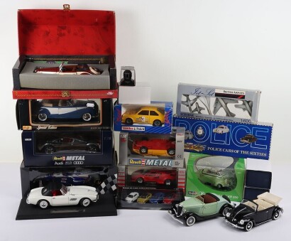 Collection of Eighteen Die Cast Models. Including Revell Audi Avus Quattro 1/18, British Airways Jet Set Schabak, BMW M collection, Corgi Police Cars of the Sixties, loose solido, Revell Metal, BMW aftersales incentives, Maisto BMW 502 1955, Miniatures To