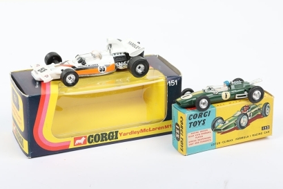 Two Vintage Corgi Toys Racing Cars, 151 Yardley Mclaren M19A, white body, with driver in window display box, condition mint boxed and 155 Roger Clarkes Lotus Climax Formula 1 Racing Car, green body, driver no &lsquo;1&rsquo; spun wheels, in near mint original conditi