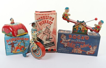 Three boxed clockwork tinplate performing Clown Toys, English 1950s,
