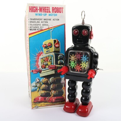 KO Yoshiya clockwork tinplate High Wheel Robot, Japanese 1950s,
