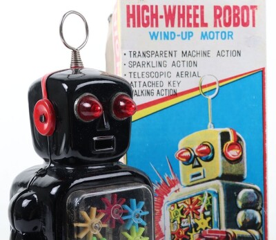 KO Yoshiya clockwork tinplate High Wheel Robot, Japanese 1950s, - 3