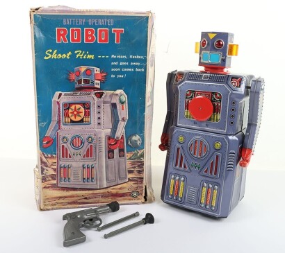 Rare boxed Masudaya Battery Operated Gang of 5 Target Robot 3357, Japanese 1950s,