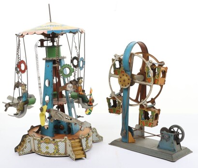 Tinplate Fairground Swing ride and Carousel by WK Wilhelm Kruass, German circa 1930,