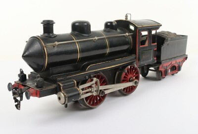 Marklin gauge I R1021 clockwork 0-4-0 locomotive and tender, with external cylinders, headlamps, cab with tin printed details, brake, forward/reverse levers and four wheel tender all finished in black livery with red, green and gold lining, good to very g - 3