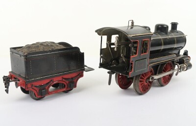 Marklin gauge I R1021 clockwork 0-4-0 locomotive and tender, with external cylinders, headlamps, cab with tin printed details, brake, forward/reverse levers and four wheel tender all finished in black livery with red, green and gold lining, good to very g - 5
