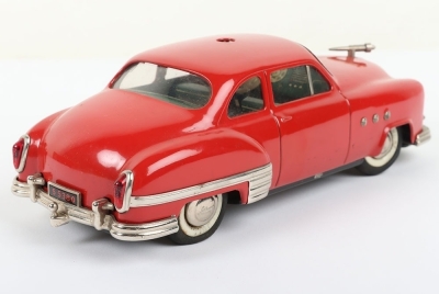 Schuco Ingenico 5380U Limousine Car, red clockwork and battery operated (untested) lithographed and painted tinplate two-door Limousine circa 1952, in very good used original condition, with battery pack (some rusting) and hand steering wire, bonnet masco - 4