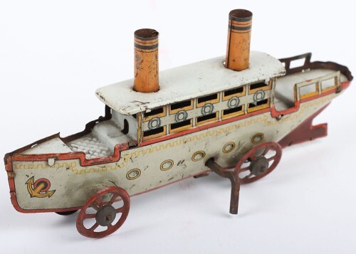 Tinplate Penny toys clockwork two funnel Steam boat, German 1920s,