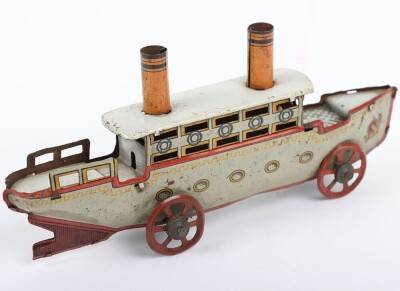 Tinplate Penny toys clockwork two funnel Steam boat, German 1920s, - 2
