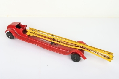Keystone USA Tinplate Fire Escape Fire Engine, red tinplate body, yellow ladder, rubber tyres, clockwork mechanism not working, by Keystone Mfg. Co. Boston Mass., c. 1930 in fair original condition, L.59cms, Hubbley Kiddie Toy USA diecast road grader, in - 2