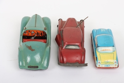 Joustra (French) No.2002 Tinplate Clockwork Car, red body, tin printed detail, in good complete original working condition, missing key approx. L.13cms, Schuco Examico 4001 tinplate clockwork car, in working original condition, missing steering wheel & ke - 3