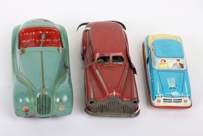 Joustra (French) No.2002 Tinplate Clockwork Car, red body, tin printed detail, in good complete original working condition, missing key approx. L.13cms, Schuco Examico 4001 tinplate clockwork car, in working original condition, missing steering wheel & ke - 4