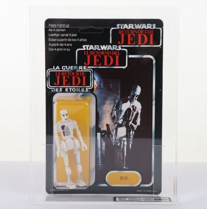 Vintage Star Wars Return of the Jedi 8D8 action figure Tri-Logo 70 back Back moc carded UKG Graded 90% Gold 1983 Palitoy.