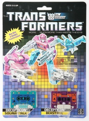 Vintage Generation One G1 Decepticon Squawktalk and Beastbox Cassettes Transformers action figure moc carded Hasbro.