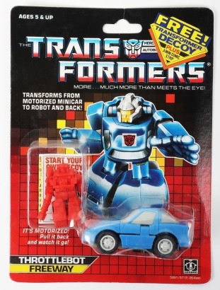 Vintage Generation One G1 Throttlebot Freeway with Decoy figure and mini comic Transformers action figure moc carded Hasbro.
