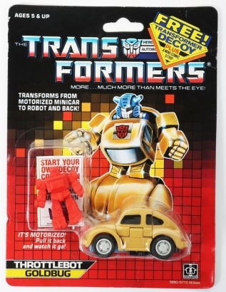 Vintage Generation One G1 Throttlebot Goldbug with Decoy figure and mini comic Transformers action figure moc carded Hasbro.
