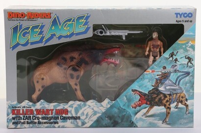 Scarce Vintage Dino Riders Ice Age Tyco Giant Killer Wart Hog with Zar Cro-Magnon Caveman Boxed sealed.