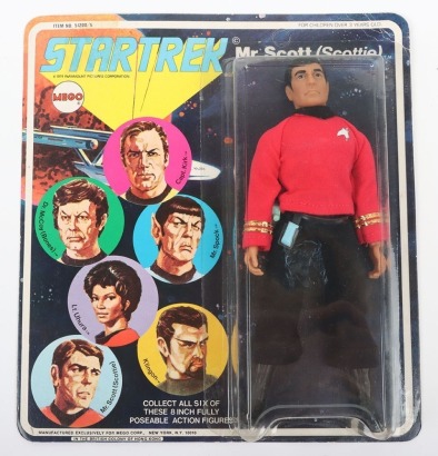 Vintage Star Trek Mr. Scott (Scottie) Six Face Carded moc Mego Action Figure Doll.
