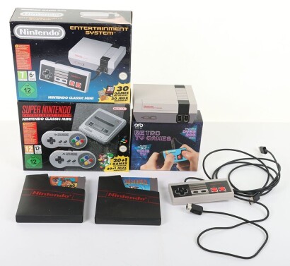 Collection of Vintage and Modern Nes and Snes consoles and Games.