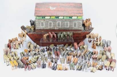 A rare large 19th century German wooden painted Noah's Ark with over 200 animals Noah and wife,