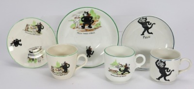 Three children's Felix the Cat china cups and saucers, 1920s,