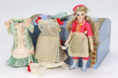 A rare miniature all bisque mignonette doll in trunk, French circa 1880, - 4
