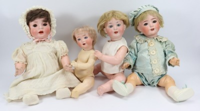 Four German bisque head baby dolls,