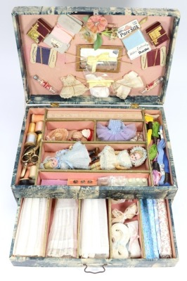 Two miniature Simon & Halbig bisque head dolls in sewing box,