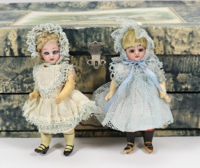 Two miniature Simon & Halbig bisque head dolls in sewing box, - 2