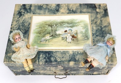 Two miniature Simon & Halbig bisque head dolls in sewing box, - 3