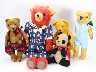 Four Teddy bears and a Panda, all English 1950s-60s,