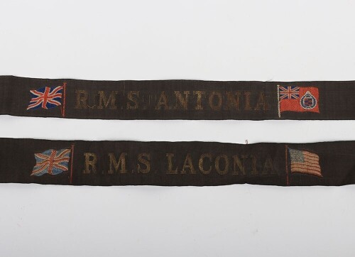 RMS Laconia & RMS Antonia Cap Tallies. Early 20th Century.