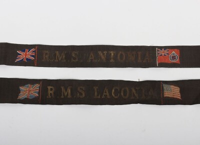 RMS Laconia & RMS Antonia Cap Tallies. Early 20th Century.