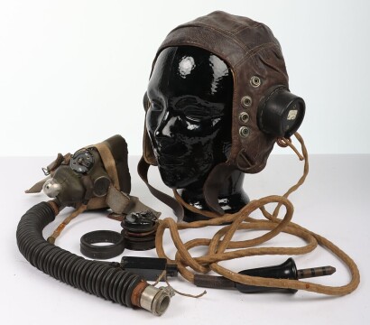 WW2 RAF C Type Flying Helmet, 1st Pattern, External Wiring Loom & H Type Mask