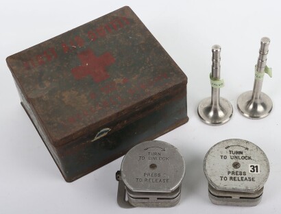 WW2 RAF Dinghy First Aid Outfit Tin, Merlin Engine Valves and Parachute Crash Boxes.