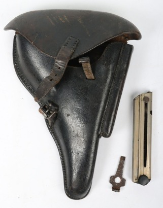 WW2 German Leather P08 Luger Holster, Spare Magazine & Tool.