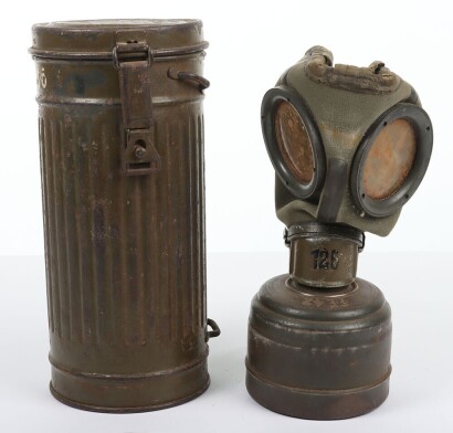 WW2 German Gas Mask and Camouflaged Canister.