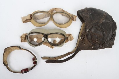WW2 Luftwaffe KpW101 Leather Flying Helmet, Two Pairs of Goggles.