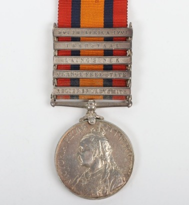 Queens South Africa Medal to the 1st Battalion Royal Dublin Fusiliers, with five clasps: South Africa 1901, Transvaal, Laing's Nek, Orange Free State and Relief of Ladysmith. Engraved to 3078 Pte C. Lowe, 1st Battalion Royal Dublin Fusiliers. Ghost dates 
