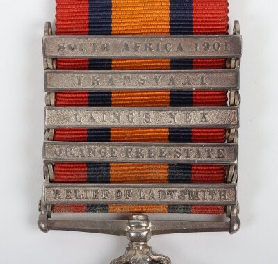 Queens South Africa Medal to the 1st Battalion Royal Dublin Fusiliers, with five clasps: South Africa 1901, Transvaal, Laing's Nek, Orange Free State and Relief of Ladysmith. Engraved to 3078 Pte C. Lowe, 1st Battalion Royal Dublin Fusiliers. Ghost dates - 2