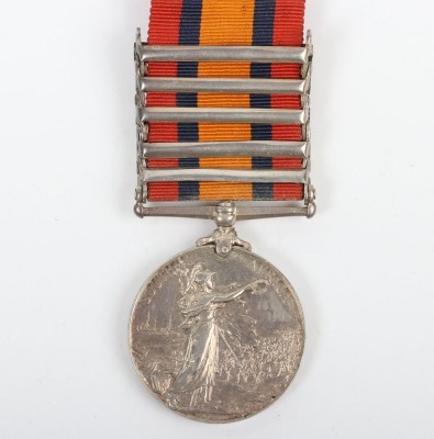 Queens South Africa Medal to the 1st Battalion Royal Dublin Fusiliers, with five clasps: South Africa 1901, Transvaal, Laing's Nek, Orange Free State and Relief of Ladysmith. Engraved to 3078 Pte C. Lowe, 1st Battalion Royal Dublin Fusiliers. Ghost dates - 4