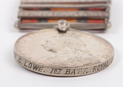 Queens South Africa Medal to the 1st Battalion Royal Dublin Fusiliers, with five clasps: South Africa 1901, Transvaal, Laing's Nek, Orange Free State and Relief of Ladysmith. Engraved to 3078 Pte C. Lowe, 1st Battalion Royal Dublin Fusiliers. Ghost dates - 6