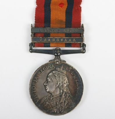 Queen South Africa Medal to the Kings Royal Rifle Corps, with two clasps: Laing&rsquo;s Nek and Transvaal. Impressed to 2908 Pte. A. Pugh. Ghost dates to reverse