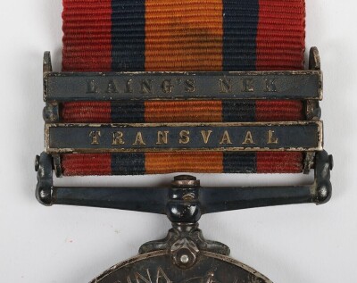 Queen South Africa Medal to the Kings Royal Rifle Corps, with two clasps: Laing&rsquo;s Nek and Transvaal. Impressed to 2908 Pte. A. Pugh. Ghost dates to reverse - 2