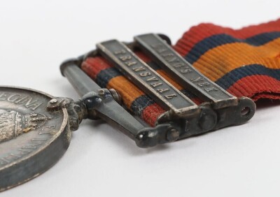Queen South Africa Medal to the Kings Royal Rifle Corps, with two clasps: Laing&rsquo;s Nek and Transvaal. Impressed to 2908 Pte. A. Pugh. Ghost dates to reverse - 5