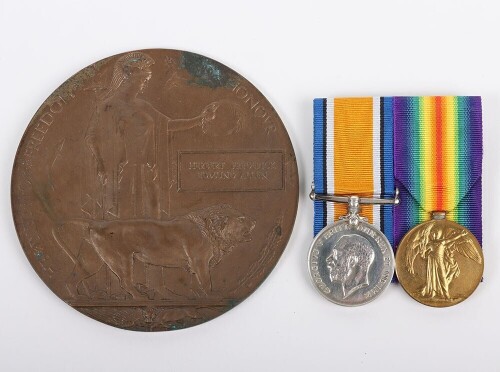First World War casualty medal pair and Memorial plaque comprising of British War medal and Victory medal impressed to 546776 / Spr Herbert Frederick Edmund Allen, 218th Field Company, Royal Engineers.Killed in action on 03/11/1918, buried Crossroads ceme