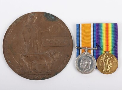First World War casualty medal pair and Memorial plaque comprising of British War medal and Victory medal impressed to 546776 / Spr Herbert Frederick Edmund Allen, 218th Field Company, Royal Engineers.Killed in action on 03/11/1918, buried Crossroads ceme