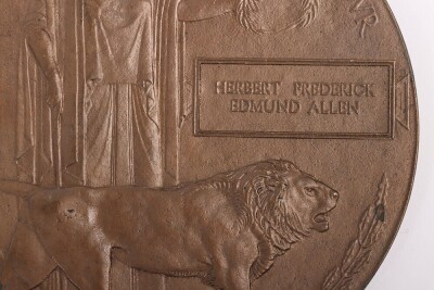 First World War casualty medal pair and Memorial plaque comprising of British War medal and Victory medal impressed to 546776 / Spr Herbert Frederick Edmund Allen, 218th Field Company, Royal Engineers.Killed in action on 03/11/1918, buried Crossroads ceme - 2