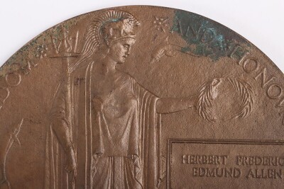 First World War casualty medal pair and Memorial plaque comprising of British War medal and Victory medal impressed to 546776 / Spr Herbert Frederick Edmund Allen, 218th Field Company, Royal Engineers.Killed in action on 03/11/1918, buried Crossroads ceme - 3