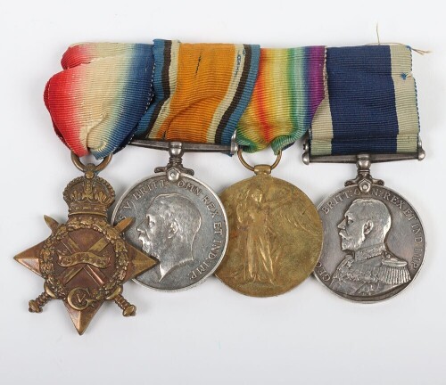 First World War British naval medal group of Four, comprising of 1914-15 star, British War Medal, British Victory medal and GRV Naval Long Service Good Conduct medal (impressed H.M.S. Emperor of India) with fixed suspension. Impressed to K-15652 Stoker 1s